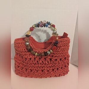 Cappelli‎ Straworld Purse Tote with Beaded Handle Red